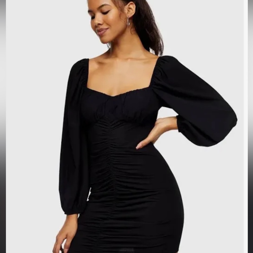Topshop ruched, black long sleeved, mini dress